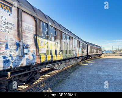 Vagoni merci con graffiti su una ferrovia Foto Stock