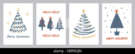 Biglietti di auguri di Natale. Poster disegnati a mano buon Natale, Holly Jolly e Happy Winter Holidays con albero Doodle xmas. Messaggi di saluto festivi Illustrazione Vettoriale