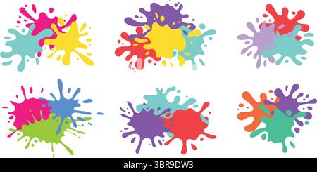 Spruzzi di vernice colorata. Combinazioni di spruzzi di colore, forme di blot sovrapposte, spruzzi di inchiostro astratti e mix di blot di inchiostro liquido. Gocciolamento di vernice disegnato a mano Illustrazione Vettoriale