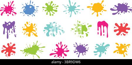 Forme di spruzzi di vernice organica. Macchie d'inchiostro, spaccature disegnate a mano e silhouette amorfe liquide morbide. Spruzzi colorati e dinamici con effetti visivi a gocce Illustrazione Vettoriale