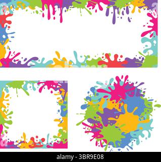 Cornici colorate a spruzzo. Bordi vivaci con spruzzi multicolore, blot gocciolante e spruzzi di liquidi. Sfondi splash creativi per banner Illustrazione Vettoriale