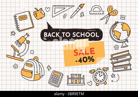 Banner di vendita di ritorno a scuola. Poster sconto con zaino disegnato a mano, microscopio, globo, calcolatrice, libri e cornice di confine per le forniture scolastiche Illustrazione Vettoriale