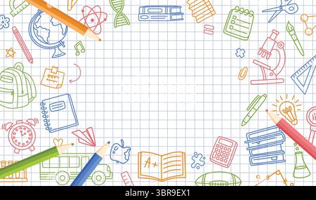 Doodle torna a scuola. Bordo didattico con oggetti scolastici disegnati a mano e matite colorate su carta a griglia. Schizzo sfondo cancelleria per Illustrazione Vettoriale