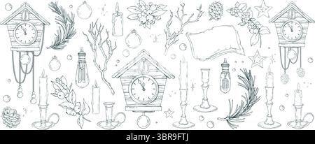 Grande collezione natalizia di clipart in line art disegnata a mano. Include orologi vintage, candele, rami di abete, bacche, ghirlande, e decorazioni natalizie Illustrazione Vettoriale