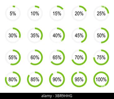 Elementi infografici. Grafici a torta. Percentuale di download, dashboard per il Web, app. Analisi in percentuale. Serie di diagrammi. Barre di carico piene rotonde. Batteria Illustrazione Vettoriale