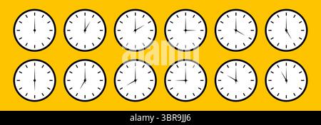 Icone orologio impostate. Orologi rotondi facce con tempo diverso. Simbolo grafico del tempo. Illustrazione piatta del quadrante dell'orologio. Illustrazione Vettoriale