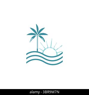 L'isola tropicale delle onde oceaniche e il logo delle palme sono illustrati in vettoriali. Palme e onde oceaniche sono il vettoriale del logo artistico semplice illustrazione minimalista Illustrazione Vettoriale