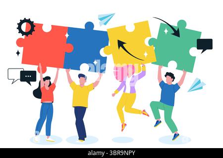 Persone che tengono in mano pezzi vibranti di puzzle. Illustrazione di un cartone animato piatto vettoriale. Concetto di lavoro di squadra, soluzione dei problemi, unità, collaborazione, successo aziendale Illustrazione Vettoriale