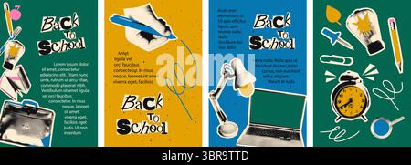 Immagine vettoriale dei banner verticali con collage di mezzitoni di ritorno a scuola Illustrazione Vettoriale