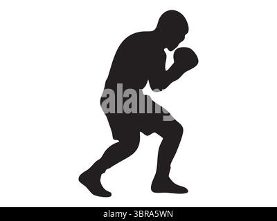 Silhouette nera del pugile in posizione di combattimento, isolata su sfondo bianco, illustrazione grafica. concetto di atleta, sport, pugilato, arti marziali, ico Illustrazione Vettoriale