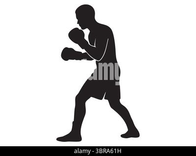 Silhouette nera del pugile in posizione di combattimento, isolata su sfondo bianco, illustrazione grafica. concetto di sport, arti marziali, atleta, forza, Illustrazione Vettoriale