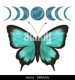 Meravigliose fasi turchesi e verdi di farfalla e luna. Illustrazione digitale fatta a mano, oggetto isolato Foto Stock