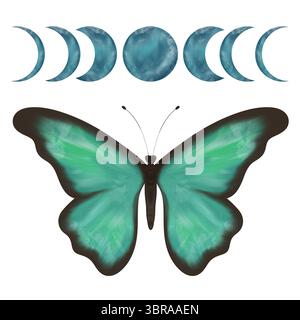 Meravigliose fasi turchesi e verdi di farfalla e luna. Illustrazione digitale fatta a mano, oggetti isolati Foto Stock