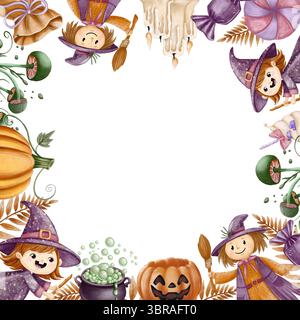 Graziosa cornice di Halloween con i bambini in costumi da streghe, zucche, caramelle, candele ed elementi magici di pozione. Dipinto a mano in stile acquerello Foto Stock