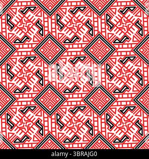 Un sorprendente motivo geometrico senza cuciture in rosso, nero e bianco, caratterizzato da linee e forme a incastro che creano un tessuto dinamico e complesso Foto Stock