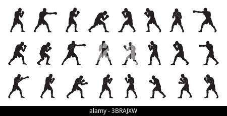 Collezione di boxer maschili con silhouette nera in varie pose isolati su sfondo bianco, illustrazione grafica. concetto di sport, arti marziali, traini Illustrazione Vettoriale