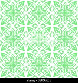 Un motivo fresco ed elegante senza cuciture caratterizzato da intricati motivi floreali lineari o a foglia in un verde chiaro su sfondo bianco. Foto Stock