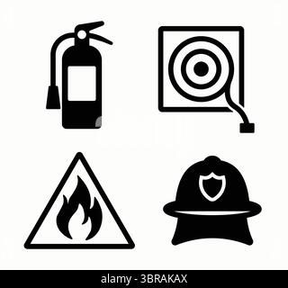 Questa immagine vettoriale presenta elementi essenziali di sicurezza antincendio, tra cui un estintore, allarme, segnale di avvertimento e casco, che simboleggiano il prepa di emergenza Illustrazione Vettoriale