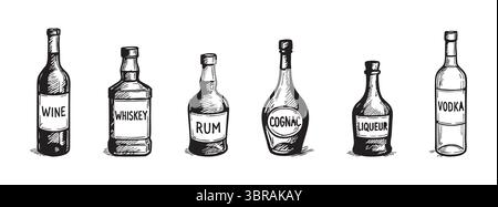 Bozzetto in bianco e nero di bottiglie assortite di bicchieri alcolici con vino, whisky, rum, cognac, liquore, e vodka isolata su sfondo bianco. cep Illustrazione Vettoriale