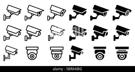 Una collezione di icone di varie telecamere di sicurezza progettate in uno stile moderno. Perfetto per piattaforme digitali, materiali di sicurezza o progetti tecnologici. Illustrazione Vettoriale