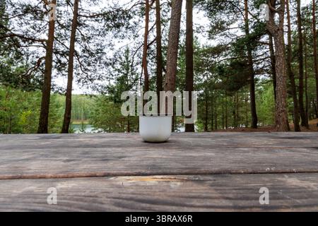 Una semplice tazza in smalto bianco siede su un tavolo da picnic in legno intempestivo, con una foresta sfocata e un lontano lago sullo sfondo. Foto Stock