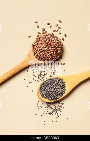 Semi di lino e semi di chia su cucchiai di legno e sfondo beige da vicino, vista dall'alto. Alimentazione sana, superfood naturale biologico. Foto Stock