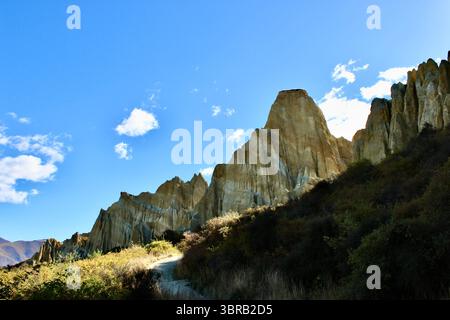 Cattedrali di argilla, Omarama Clay Cliffs, Geological Wonders, Waitaki Valley Foto Stock