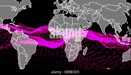 Visualizzazione dell'ondulazione del contorno della mappa mondiale attraverso lo spazio di visualizzazione dei dati, schema a onda punteggiata magenta Foto Stock