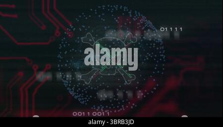 Visualizzazione del cranio e delle ossa trasversali nel cyber panel che mostra le tracce del circuito rosso, l'alone binario e le particelle Foto Stock
