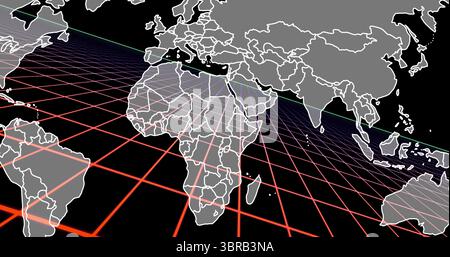 Proiezione di una mappa del mondo traslucida con contorni bianchi, che passa sopra la griglia rossa nella scena digitale Foto Stock