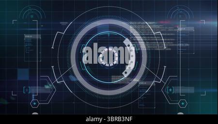 Visualizzazione dell'HUD circolare centrale che ruota sulla griglia del dashboard fantascientifico, con pannelli di codice e icone esadecimali Foto Stock