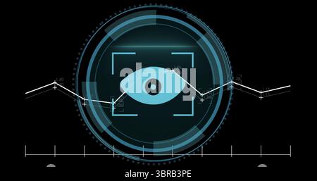Visualizzazione dell'icona a forma di occhio centrale azzurro che lampeggia in HUD, con anelli, grafico, scala di graduazione e parentesi Foto Stock