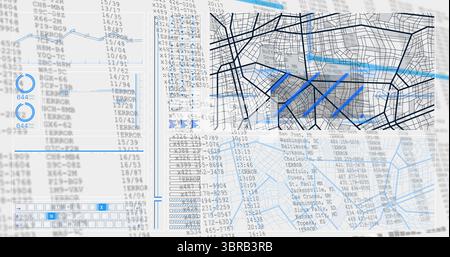 Visualizzazione della griglia della mappa stradale con linee di instradamento blu evidenziate sullo schermo della workstation, copia spazio Foto Stock