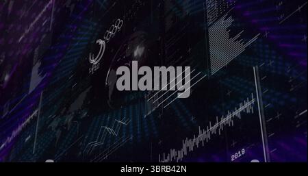 Visualizzazione del globo olografico 3D mobile sul cruscotto, con sovrapposizioni numeriche grafici a barre a linee Foto Stock