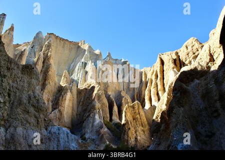 Cattedrali di argilla, Omarama Clay Cliffs, Geological Wonders, Waitaki Valley Foto Stock