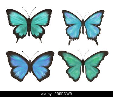 Meravigliosa scogliera, set di delicate farfalle blu, verdi e turchesi. Illustrazione digitale fatta a mano Foto Stock