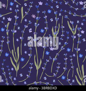 Foglie vettoriali senza cuciture botaniche estive dei fiori di lavanda su sfondo viola profondo Illustrazione Vettoriale