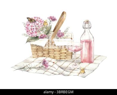 Picnic con cestino, fiori rosa, ortensie, farfalle, torta, candela e cappello di paglia. Illustrazione acquerello in colori pastello. Adatto per il saluto Foto Stock