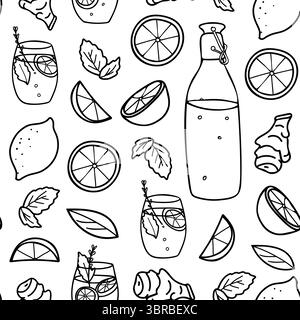 Motivo vettoriale limonata senza cuciture con flacone in vetro con tappo in porcellana, limone, menta e radice di zenzero. Illustrazione dell'inchiostro disegnato a mano in stile Doodle. Per Illustrazione Vettoriale
