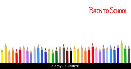 Matite o matite con bordo orizzontale con testo Back to School, accessorio artistico colorato o cancelleria scolastica per concept didattici, design colorato, spazio per il tuo messaggio Illustrazione Vettoriale