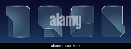 Schermo HUD blu ad alta tecnologia per gli streamer online. Layout futuristico con cornici luminose, pulsanti digitali e interfaccia astratta fantascienza. Ideale per trasmissioni video cyberpunk. Illustrazione Vettoriale