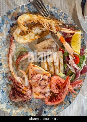 Piatto di pesce alla griglia con gamberi, calamari e crostacei con insalata fresca e spicchi di limone su un piatto colorato. Perfetto per un piatto a tema di pesce Foto Stock