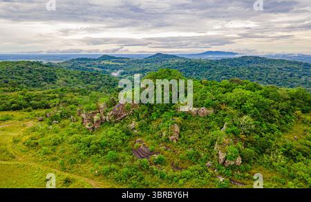 Veduta aerea del lussureggiante terreno verde di Guaviare, Colombia, che mostra la vibrante natura e le formazioni rocciose in mezzo al paesaggio. Foto Stock