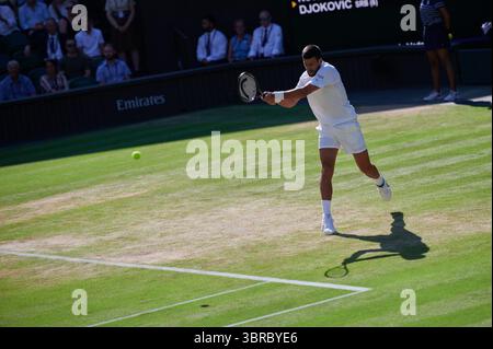 Wimbledon, Londra, Inghilterra, Regno Unito. 11 luglio 2025. Il serbo Novak Djokovic in azione sul Centre Court nella sua sconfitta contro l'italiano Jannik Sinner il serbo Novak Djokovic nella semifinale maschile di tennis ai Campionati di Wimbledon. Crediti: Garry Cook/Alamy Live News. Foto Stock