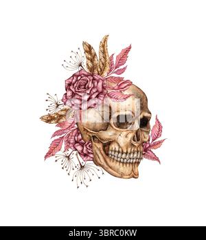 Cranio umano profilo realistico con rose rosse scure e fiori secchi illustrazione ad acquerello. Ossa in stile gotico. Giorno dei morti, Halloween, dia de Foto Stock