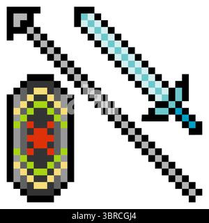 Scudo tribale, lancia e spada in pixel art isolati su sfondo bianco Illustrazione Vettoriale