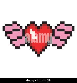 Cuore e ala con design pixel art Illustrazione Vettoriale