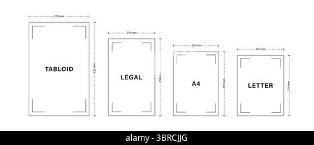 Formato carta giallo Legal. Formati internazionali Tabloid, Letter, A4, Legal. Tabella di confronto dei fogli di carta. Illustrazione vettoriale in stile piatto Illustrazione Vettoriale