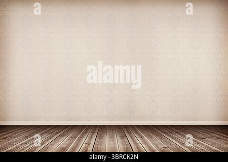 Le camere residenziali vuote sono esposte in un design piatto con pavimento in legno e carta da parati damascata Foto Stock