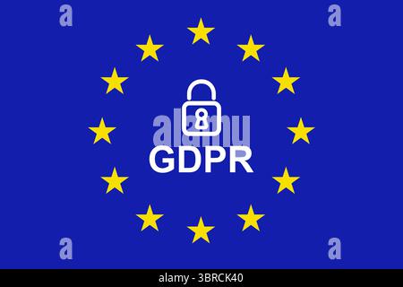 Visualizzazione di un lucchetto GDPR dal design piatto sopra il testo GDPR all'interno di un cerchio a stella giallo UE su sfondo blu Foto Stock